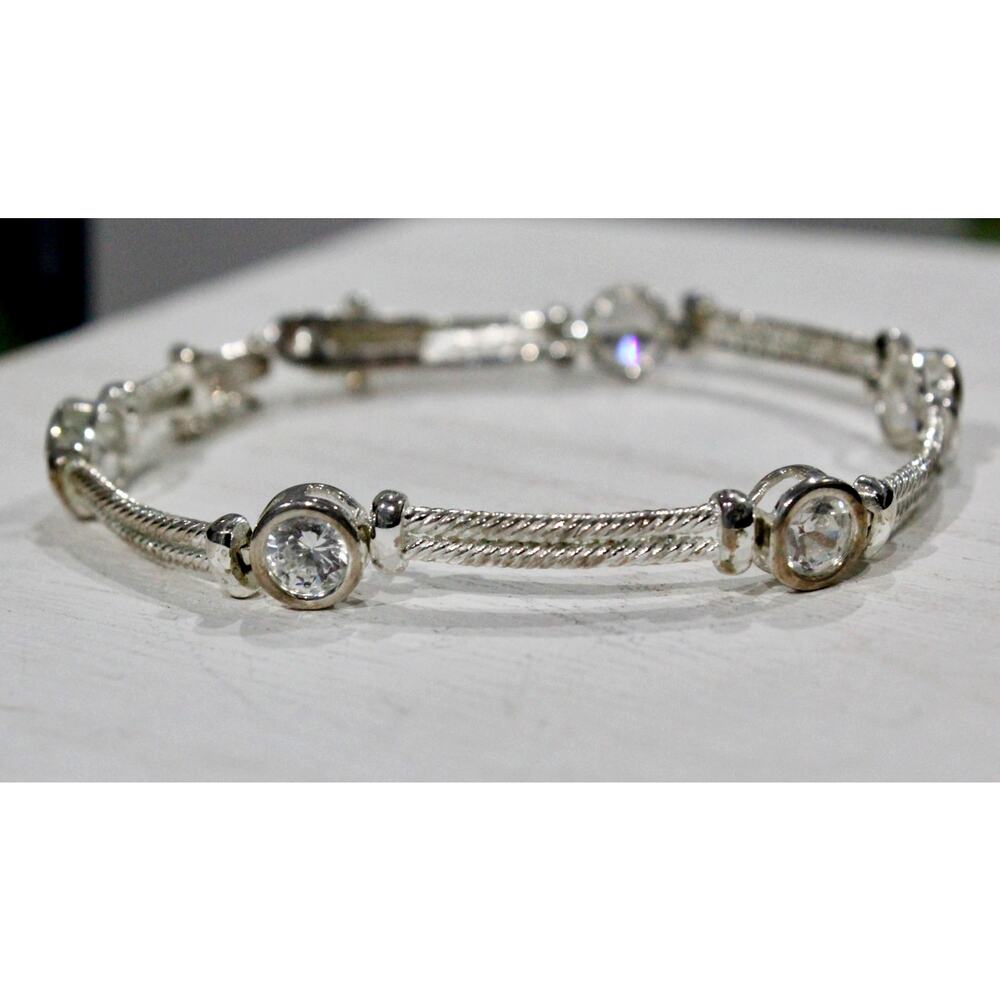 Vintage Designs by FMC Sterling Silver Cable Bracelet w/ Clear Bezel-Set Stones